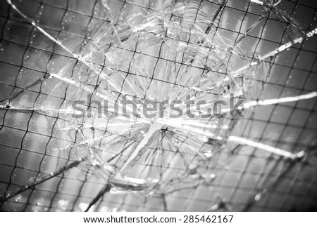 Broken safety glass texture, black and white image