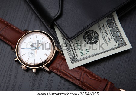 leather wallet cash & gold clock
