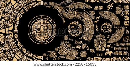 Icon Pack, symbols, letters, masks and pictures of the ancient Maya and Toltec civilization 
The Mayan alphabet.Ancient signs of America on a black background.