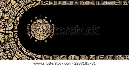 Design from symbols, letters, masks and pictures of the ancient Maya and Toltec civilization. 
The Mayan alphabet. Ancient signs of America on a black background.
