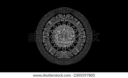  Calendar of the ancient Mayan peoples. Icon Pack, symbols, letters, masks and pictures of the ancient Maya and Toltec civilization 
The Mayan alphabet. Ancient signs of America on a black background.