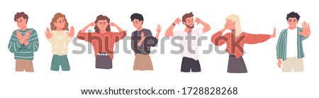 Negative gestures vector illustrations set. Disagree and stop consept. Hand language refuse. People disagree and rejection signs. Sign language, emotions expression.