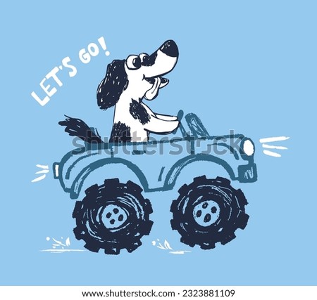 Dog monster, truck funny cool summer t-shirt print design. Racing car. Speed sport buggy big foot auto. Slogan. Drive animal illustration. Puppy racer kids typography poster. Holiday pattern