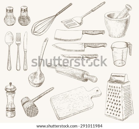 Kitchen utensils set. Hand drawn kitchenware and cutlery