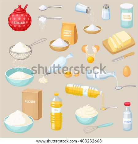 Baking ingredients set: sugar, salt, flour, starch, oil, butter, baking soda, baking powder, vinegar, eggs, whipped cream. Cooking vector illustration. Kitchen utensils.  Food