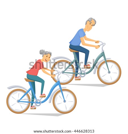 Seniors Bicycling And Smiling. Pensioners Ride Bike Together. Old Man ...