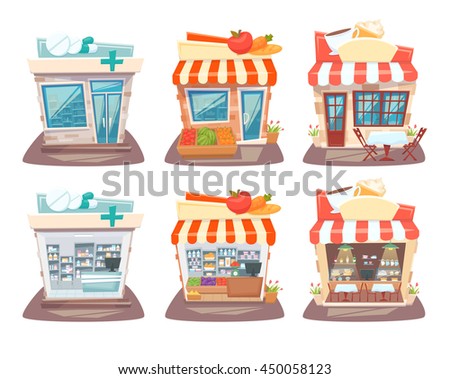 Store front and interior set. Street local retail shops building. Grocery, pharmacy and cafe facade, inside shelves and showcase. Cartoon vector illustration.