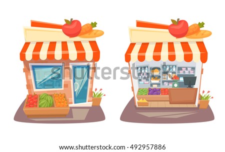 Grocery store front and interior. Cartoon street local retail shop building. Organic food, fruit and vegetable kiosk inside and outside shelves and showcases. 
