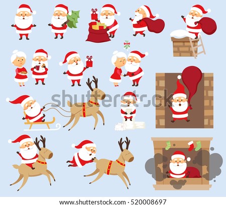 Santa Claus ride on reindeer, sleigh, run with bag, give gift box, fall down the chimney, hold Christmas tree, kiss his wife Mrs. Santa. Xmas character design set