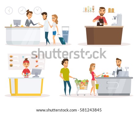 Staff set. Cashier, checkout counter and buyer pays purchase in supermarket. Fast food restaurant worker at cash register. Receptionist, guest at hotel reception desk. Barista in apron in coffee shop