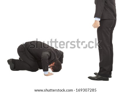 businessman apologize to boss with japanese kneeling position - stock photo