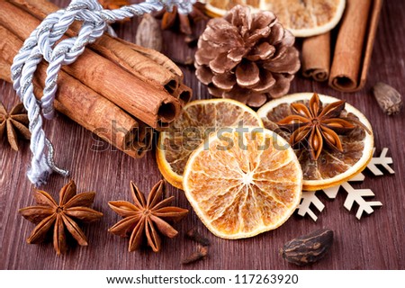 Christmas spices: star anise, cardamom, cloves and fragrant cinnamon sticks