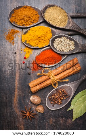 Spices and herbs on dark background. Paprika, turmeric, masala, cinnamon, coriander, nutmeg, star anise, bay leaf, cloves