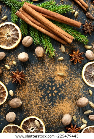 Spices for Christmas baking. Christmas food background