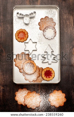 Christmas cookies and  cookies  cutters. Christmas baking concept.