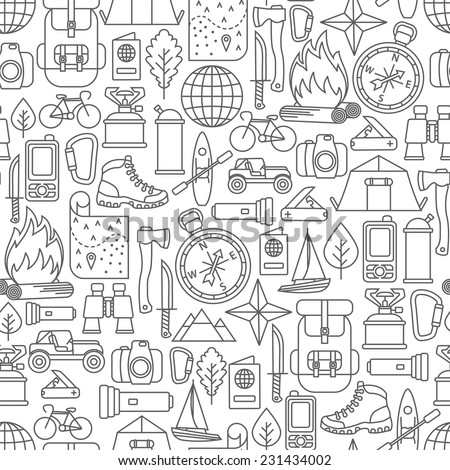seamless pattern with adventure travel line icons
