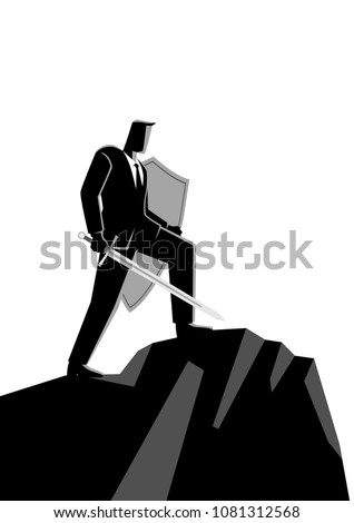 Business concept vector illustration of an optimistic businessman holding a sword and shield standing on top of a mountain, preparation, protection, precaution in business concept