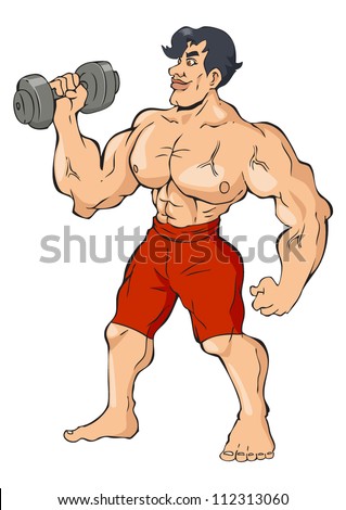 Cartoon Illustration Of A Muscular Man Holding A Dumbbell - 112313060 ...