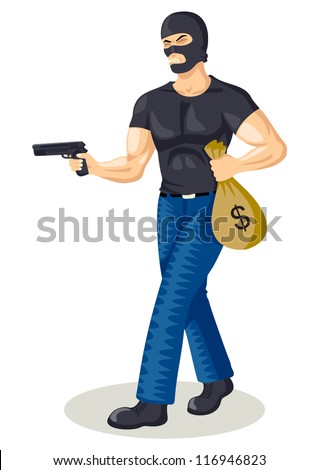 Cartoon Illustration Of A Robber Holding A Gun And A Bag Of Money ...