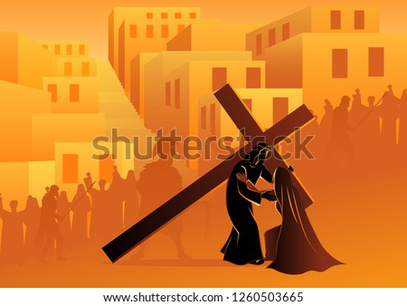 Biblical vector illustration series. Way of the Cross or Stations of the Cross, fourth station, Jesus Meets His Blessed Mother, Mary.