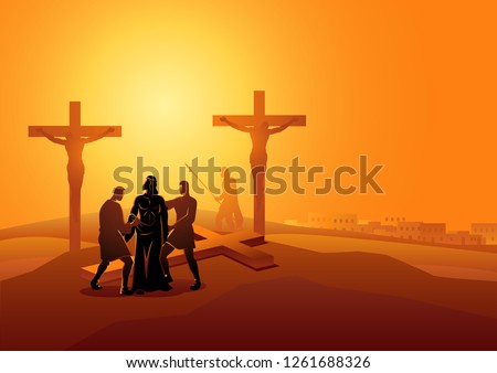 Biblical vector illustration series. Way of the Cross or Stations of the Cross, tenth station, Jesus is Stripped of His Garments.