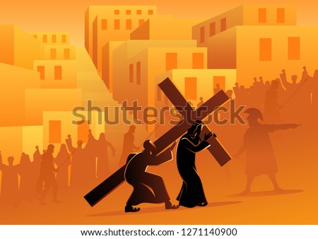 Biblical vector illustration series. Way of the Cross or Stations of the Cross, fifth station, Simon of Cyrene helps Jesus carry his cross.