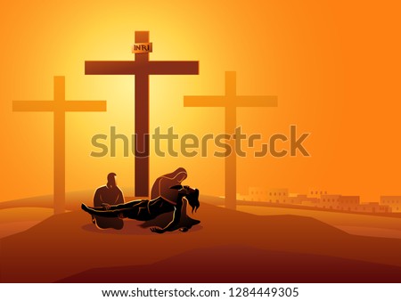 Biblical vector illustration series. Way of the Cross or Stations of the Cross, thirteenth station, Jesus is taken down from the cross.