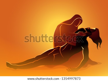 Biblical vector illustration series. Way of the Cross or Stations of the Cross, Jesus is taken down from the cross, Mother Mary mourning the death of Jesus.