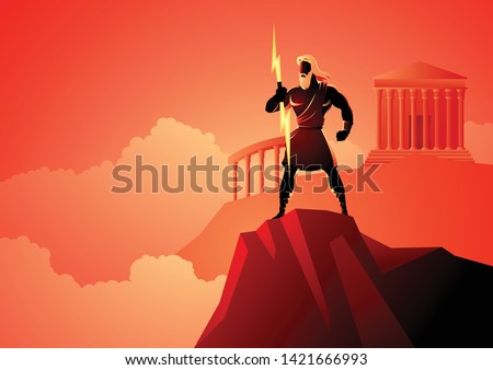 Greek god and goddess vector illustration series, Zeus, the Father of Gods and men standing on mountain Olympus