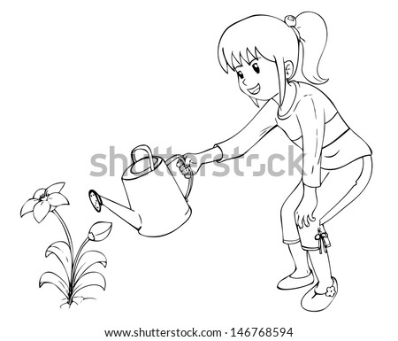 Outline Illustration Of Little Girl Watering The Flower - 146768594 ...