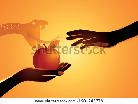 Biblical vector illustration series, Adam and Eve, Eve offering the apple to Adam