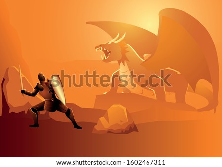 Vector illustration of a knight ready to fight a dragon in its lair