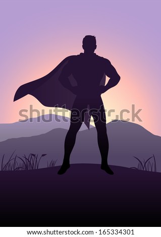 Silhouette illustration of a superhero standing with mountain view as the background