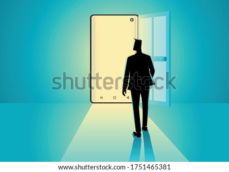 Business concept illustration of a businessman walking into a smart phone. Modern technology, digital, online business opportunities