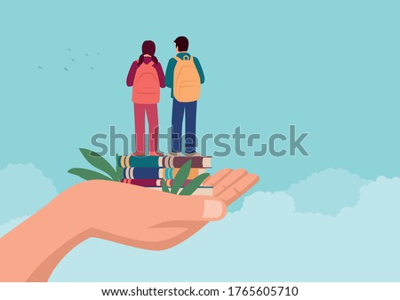 Simple flat cartoon illustration of a hand holding two children standing on books with school backpack. Provide education, parent responsibility concept