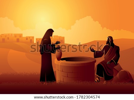 Biblical vector illustration of Jesus talking with Samaritan woman at the Jacob’s well
