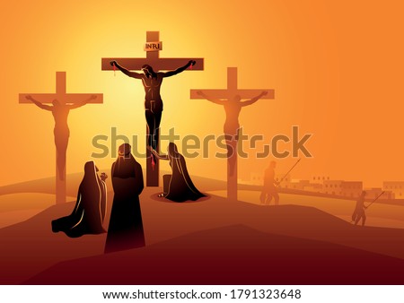 Biblical vector illustration series. Way of the Cross or Stations of the Cross, twelfth station. Mary the Mother of Jesus, John the beloved disciple and Mary of Magdala at the Crucifixion  Stock fotó © 