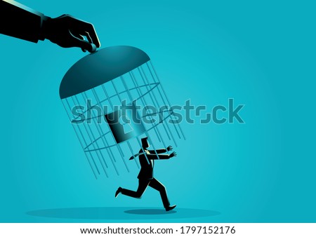 Giant hand capturing a running businessman with birdcage, business concept vector illustration Foto d'archivio © 