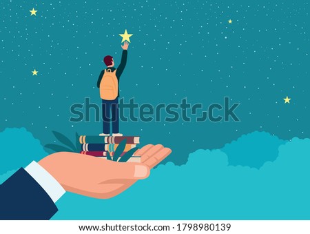 Simple flat vector illustration of a man hand lifting up a school boy to reach for the star, education, parents responsibility concept