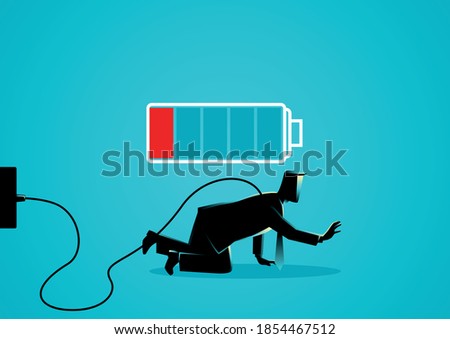 Business illustration of a businessman crawling on the floor with low battery indicator. Tired, low energy, weak concept