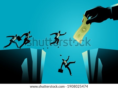 Business concept illustration of businessmen trying to reach the money hold by giant hand separated by a ravine Photo stock © 