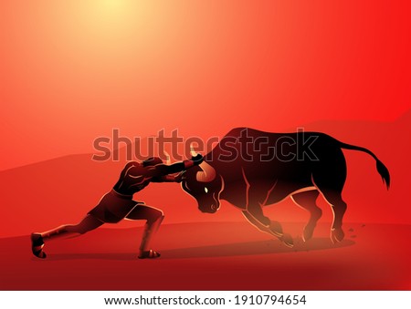 Greek god and goddess vector illustration series, seventh labour of Heracles' twelve labours, was to capture the Cretan Bull, father of the Minotaur