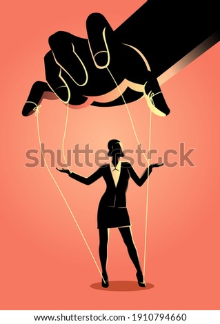 Business concept illustration of a businesswoman being controlled by puppet master