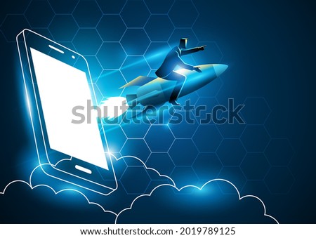 Business concept illustration of a businessman riding a rocket comes out from smart phones' screen. Start up business, business launching concept