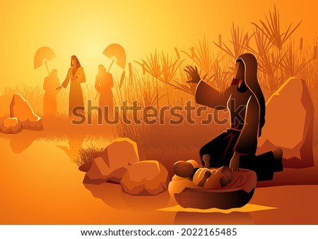 Biblical vector illustration series, Jochebed put Moses in the Nile, knowing that the Pharaohs daughter came to bathe there