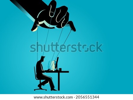 Business concept illustration of businessman working and being controlled by puppet master