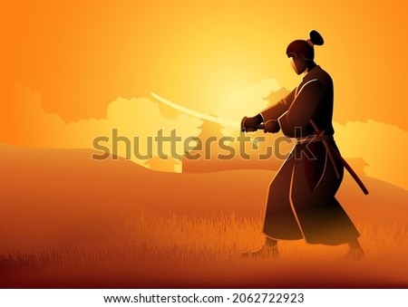 Vector illustration of a Samurai training on grass field