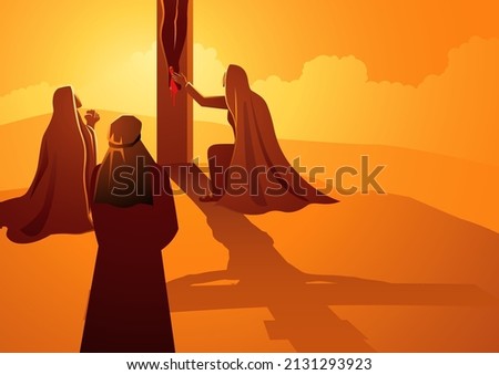 Biblical vector illustration series. Way of the Cross or Stations of the Cross, twelfth station. Mary the Mother of Jesus, John the beloved disciple and Mary of Magdala at the Crucifixion  Foto stock © 