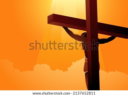 Biblical vector illustration series, back view of Jesus on the cross wearing a crown of thorns