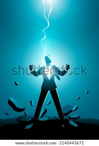 Businessman electrically charged by thunder strike, vector illustration of powering up